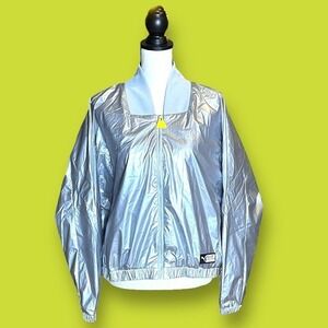 Puma Worldwide TZ Women’s Silver Metallic Cropped Bomber Windbreaker Jacket SZ L